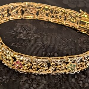 Gold Plated Solid Sterling Silver Ruby Sapphire Emerald Bracelet Floral Design
